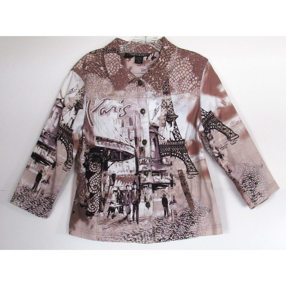 Mirror Image Women Jean Jacket White/Brown Scenic Paris Buttons Down Vintage